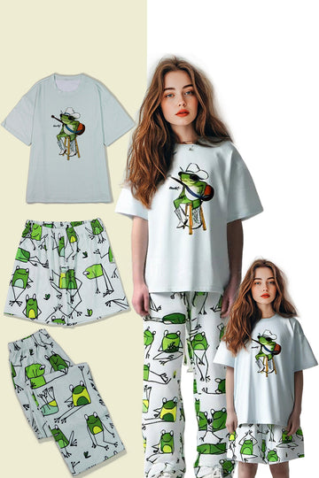 Light Green Cute Animal Printed Short Sleeves Matching Family Pajamas